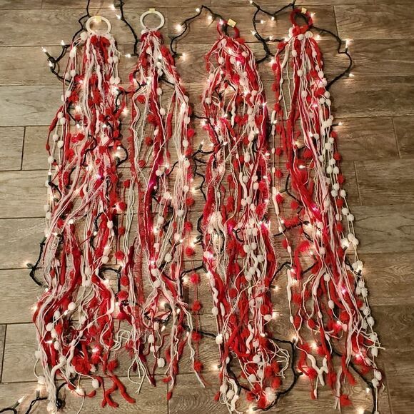 Hand Crafted Boho Wall Hanging Decor or Scarves Red White and Silver set of 4 - Picture 3 of 14